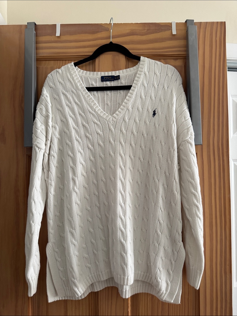 Polo by Ralph Lauren Cream Cable Knit V-Neck Sweater with Polo Pony